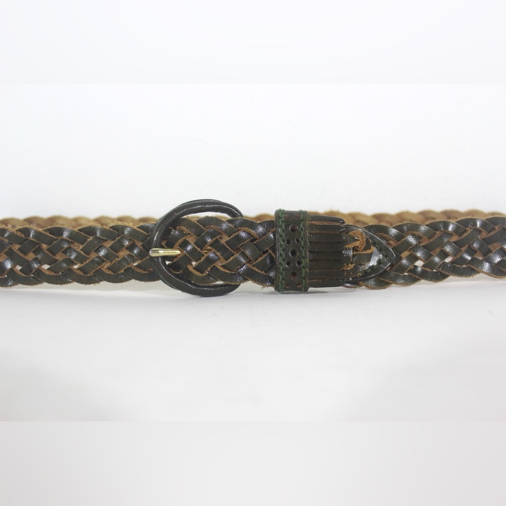 Woven Braided Green Leather Belt Adjustable Unisex M L Self Covered Buckle Mens